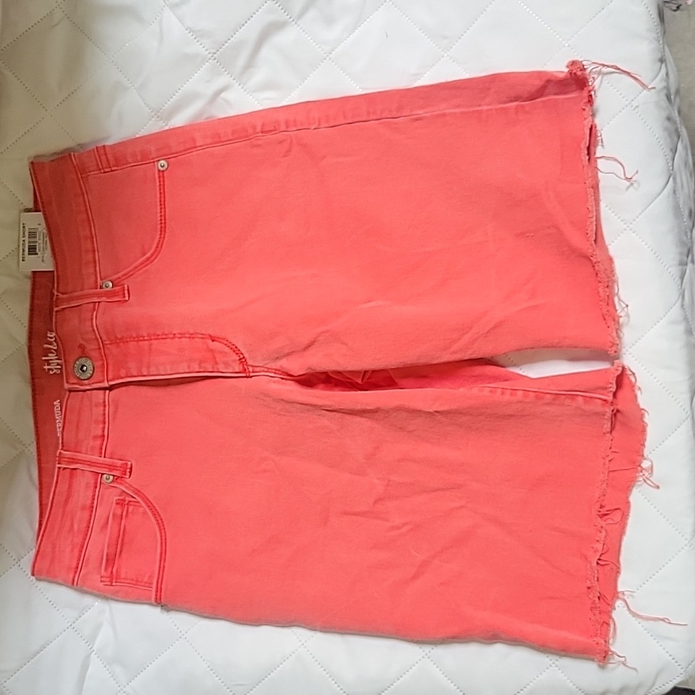 Style & Co. Bermuda Jean Shorts Womens Peach Orange 98% Cotton Fringe Cut-Off 4